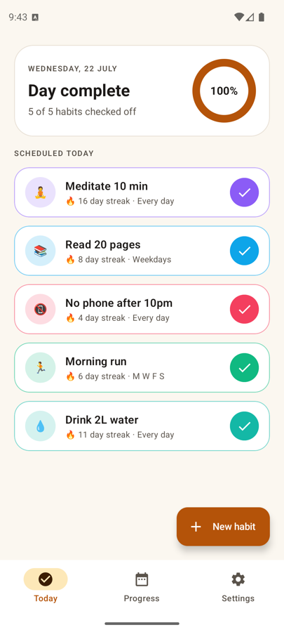 Streakly's Today screen showing habits due today with a day-progress ring