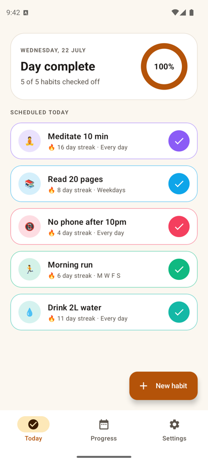 A habit's detail page with current streak, month calendar and 18-week heatmap