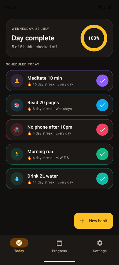 The Today screen in dark theme