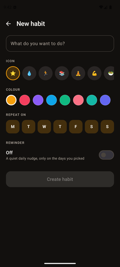 Creating a new habit: name, emoji, accent colour, goal type and schedule